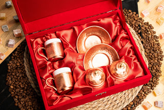 Turkish Copper Coffee Cup and Lid Set with Plates (6 Pieces)
