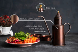 Pure Copper Olive Oil Dispenser Pot + Oil Dipping Set | 600 ml Hand Crafted Oil Cruet Handmade Solid Copper Oil Bottle | 100% Solid Copper
