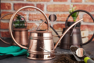 Solid Copper Watering Can for Garden | Handmade Copper Planter Vessel 2000ml | Long Spout Model