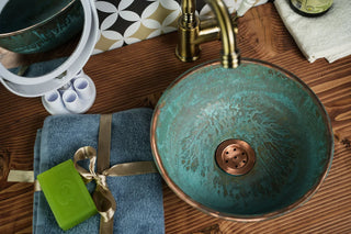 Blue Patina Copper Vessel & Drop-in Sink for Kitchen and Bathroom | Handmade Round Copper Sink Kitchen Bowl | *Copper Drain Cap Included*