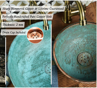 Blue Patina Copper Vessel & Drop-in Sink for Kitchen and Bathroom | Handmade Round Copper Sink Kitchen Bowl | *Copper Drain Cap Included*