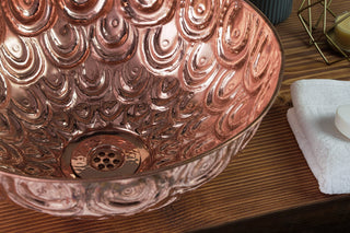 Engraved Copper Vanity Vessel Sink Floral Surface | Handmade Copper Bathroom and Kitchen Sink Bowl *Drain Cap Included*