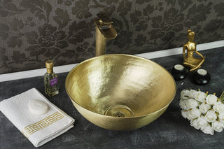 Handmade Solid Brass Bathroom Sink | 16" x "16" x 5" Hammered Unlacquered Oval Brass Sink Vessel *Drain Cap Included*