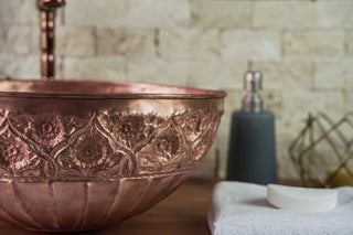 Engraved Copper Vanity Vessel Sink Floral Surface | Handmade Copper Bathroom and Kitchen Sink Bowl *Drain Cap Included*