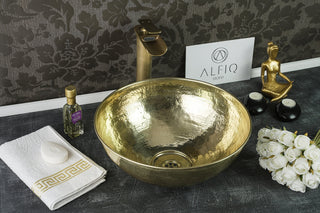 Matte Solid Brass Bathroom Sink | 16" x "16" x 5" Hammered Oval Brass Sink Vessel *Drain Cap Included*