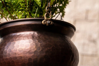 Dark Copper Planter Bowl Set for Indoor Outdoor Use with Brass Chain | Unique Copper Housewarming Gift 173x173x125 mm