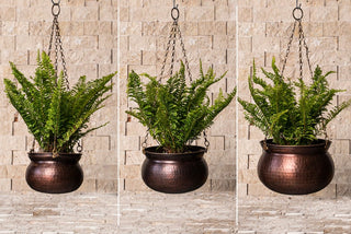 Hammered Solid Copper Planter Bowl Set for Indoor Outdoor Use with Brass Chain | Unique Copper Housewarming Gift 173x173x125 mm