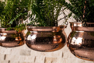 Hammered Solid Copper Planter Bowl Set for Indoor Outdoor Use with Brass Chain | Unique Copper Housewarming Gift 173x173x125 mm