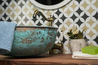Green Patina Solid Copper Kitchen and Bathroom Sink | Handmade Farmhouse Vessel & Drop-in Sink Copper Washbasin *Copper Drain Cap Included*